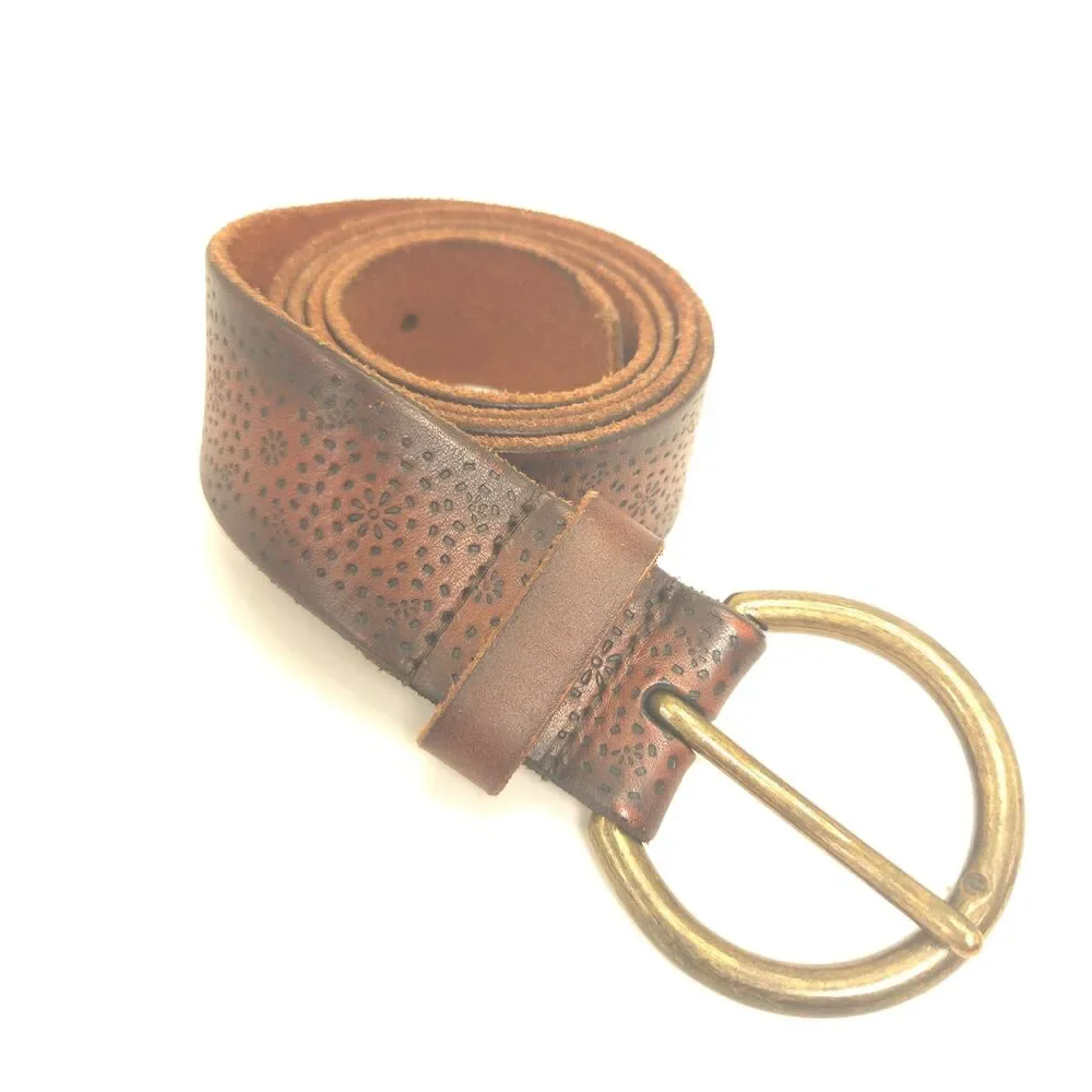 Brown Genuine Leather Wide Belt XL Tooled Boho Western Brass Buckle Men